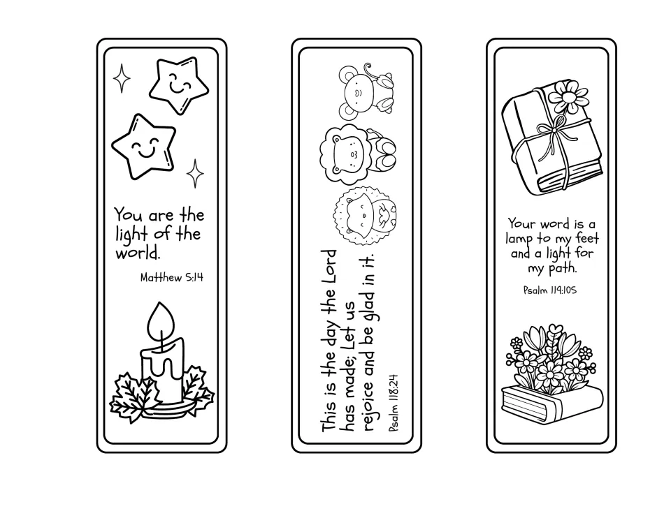 Colour-in bookmarks with Matthew 5:14, Psalm 118:24 and Psalm 119:105, decorated with stars, a candle, animals and books