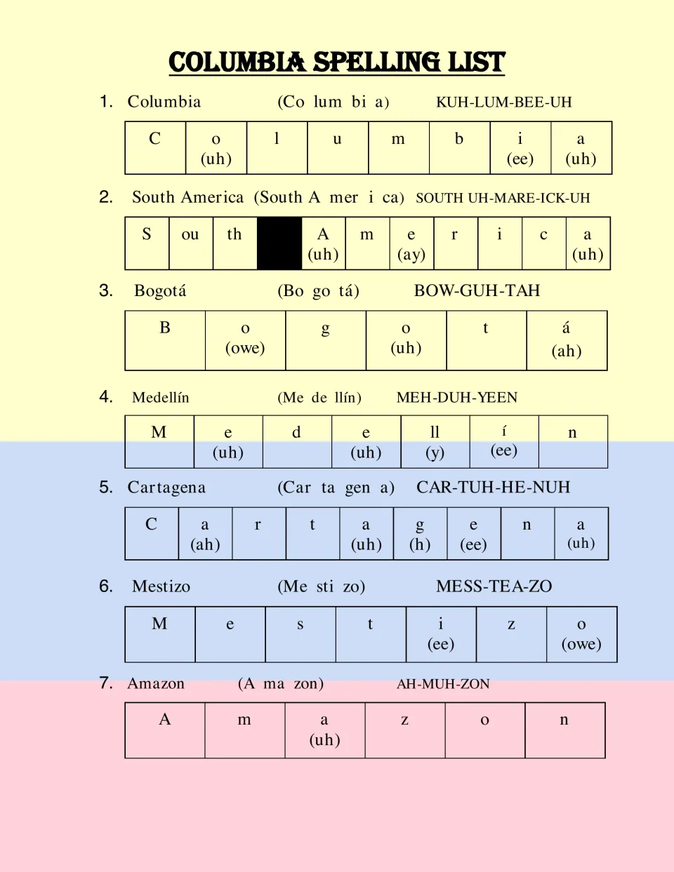 Spelling words 1–7: Columbia, South America, Bogotá, Medellín, Cartagena, Mestizo, and Amazon, with pronunciation.