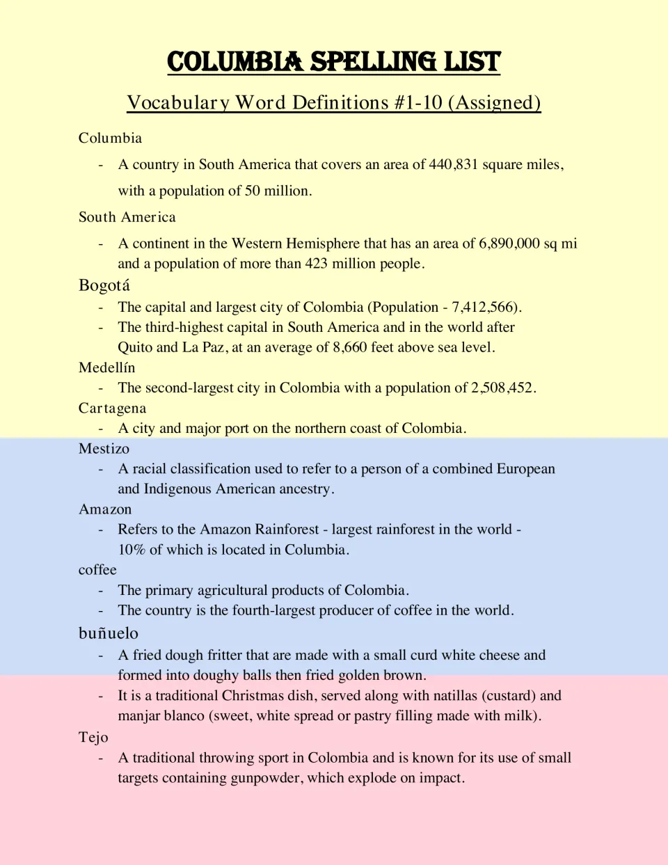 Definitions for assigned words 1–10, covering Colombia, South America, cities, coffee, buñuelo, and Tejo.