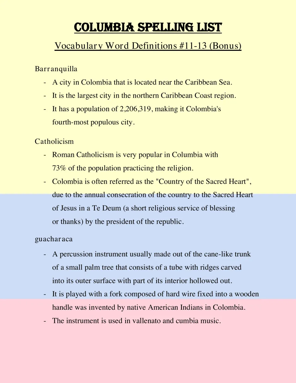 Definitions for bonus words 11–13: Barranquilla, Catholicism, and guacharaca, a percussion instrument.
