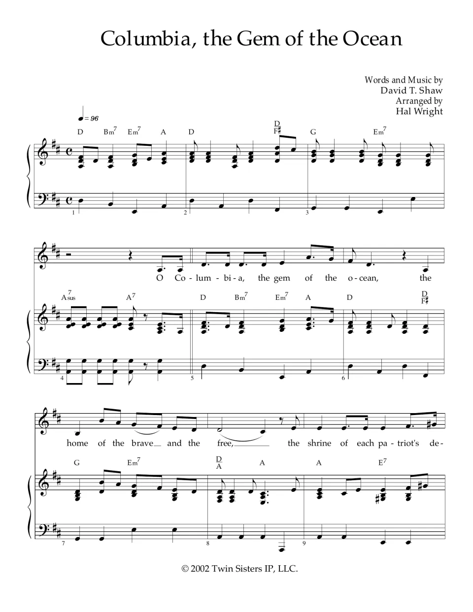 Columbia, the Gem of the Ocean by David T. Shaw, piano-vocal score in D major, measures 1-9 with chords and opening lyrics