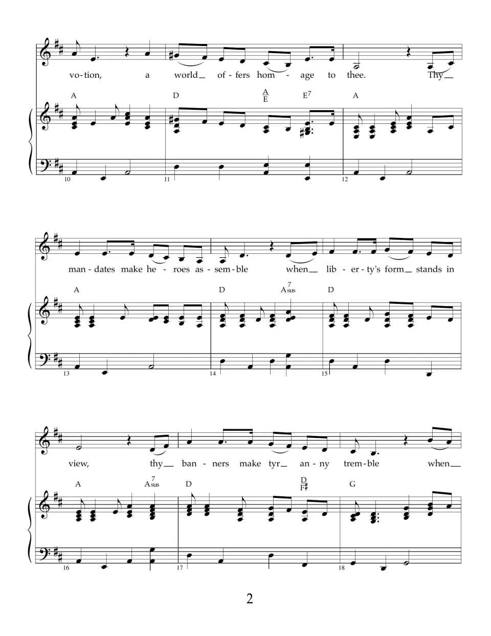 Piano-vocal score, measures 10-18: lyrics from 'a world offers homage to thee' to 'thy banners make tyranny tremble'