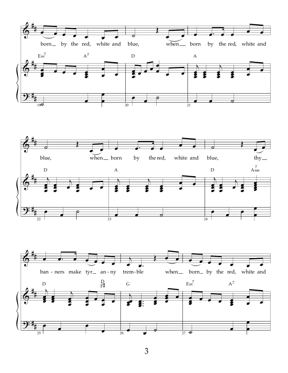 Refrain in D major, measures 19-27: singers repeat 'when born by the red, white and blue' over piano chords