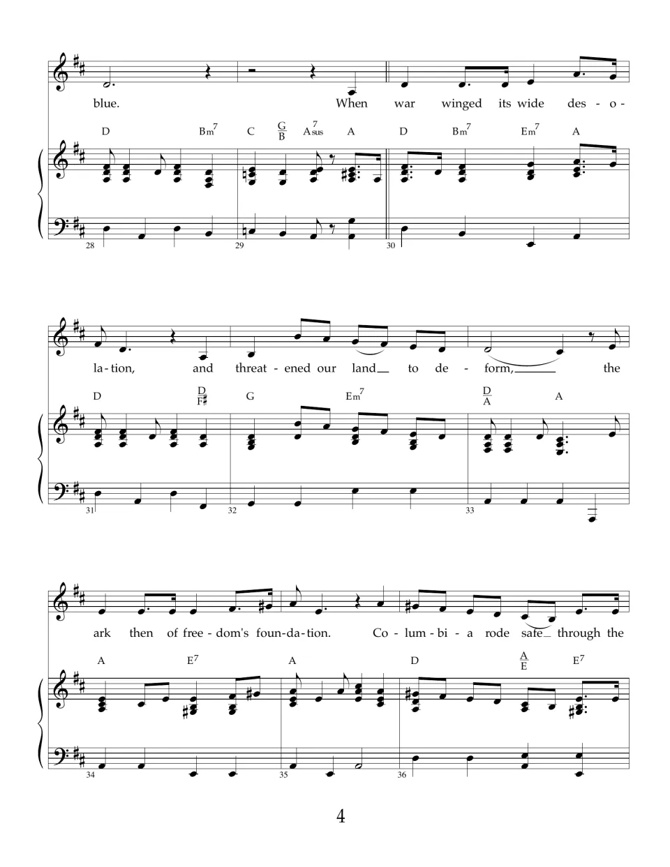 Second verse score, measures 28-36: lyrics 'When war winged its wide desolation' through 'Columbia rode safe through the'