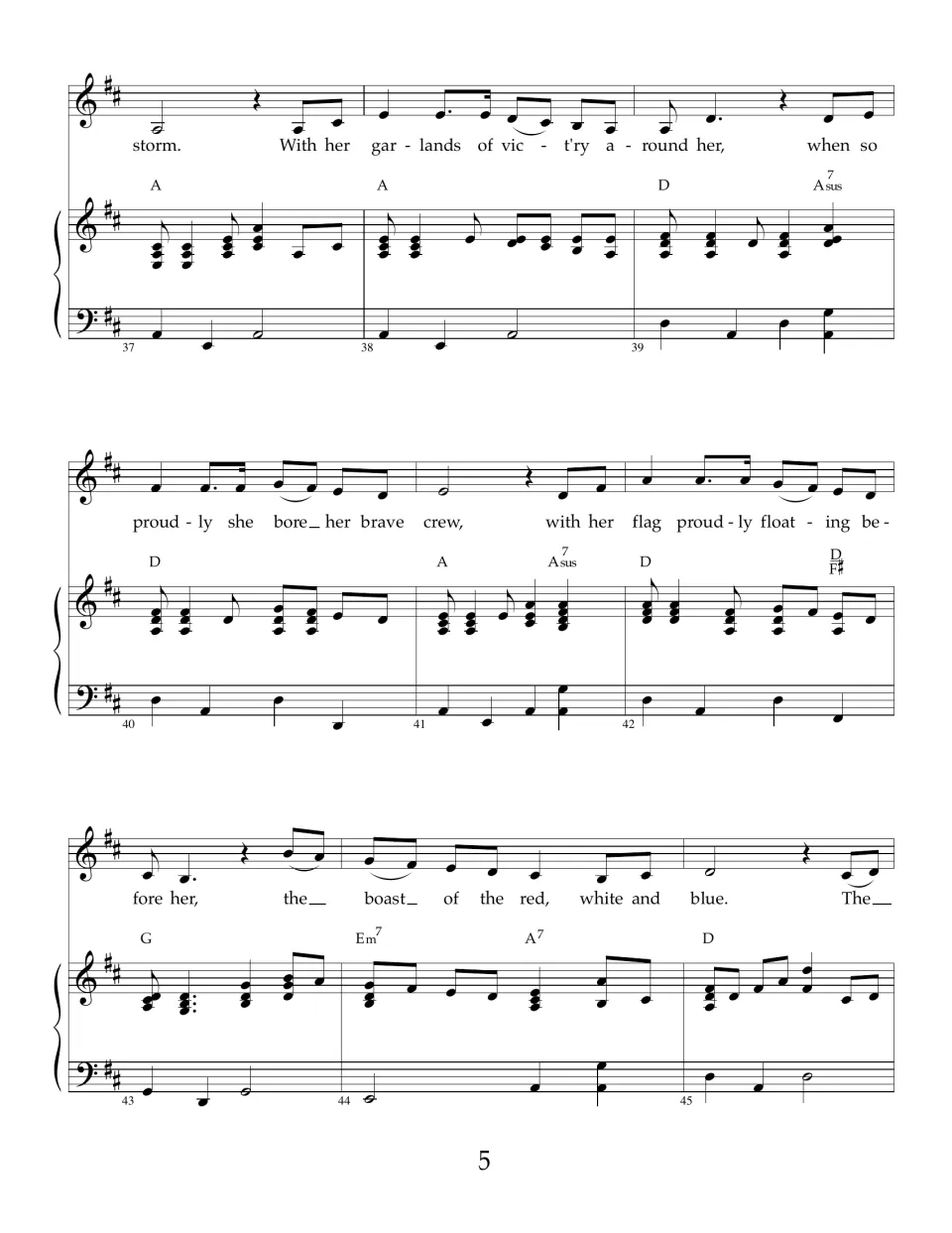 Second verse, measures 37-45: lyrics 'With her garlands of vict'ry around her' and 'her flag proudly floating before her'