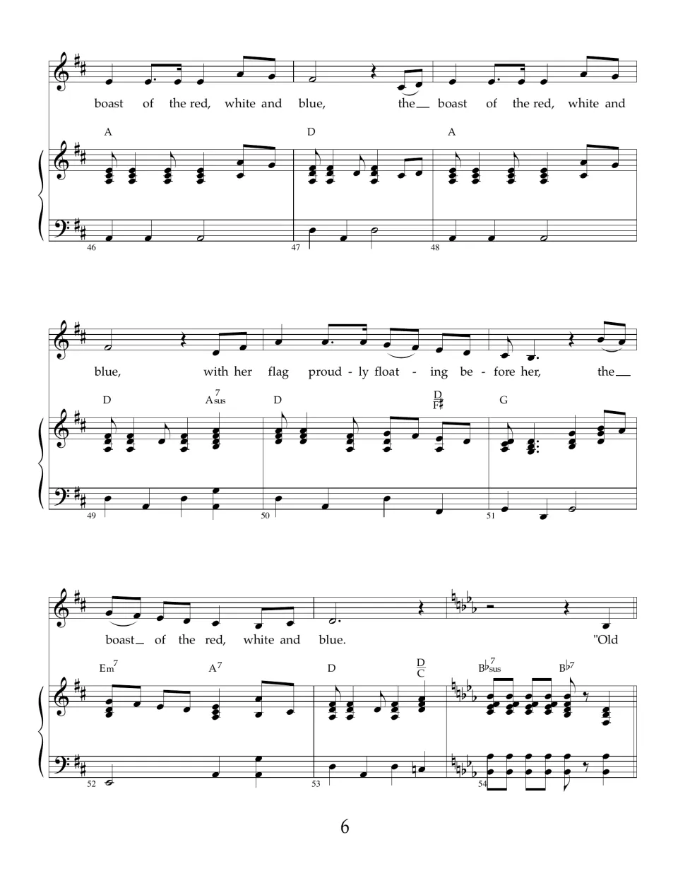 Second refrain, measures 46-54: 'the boast of the red, white and blue' repeated, then the key changes to E-flat
