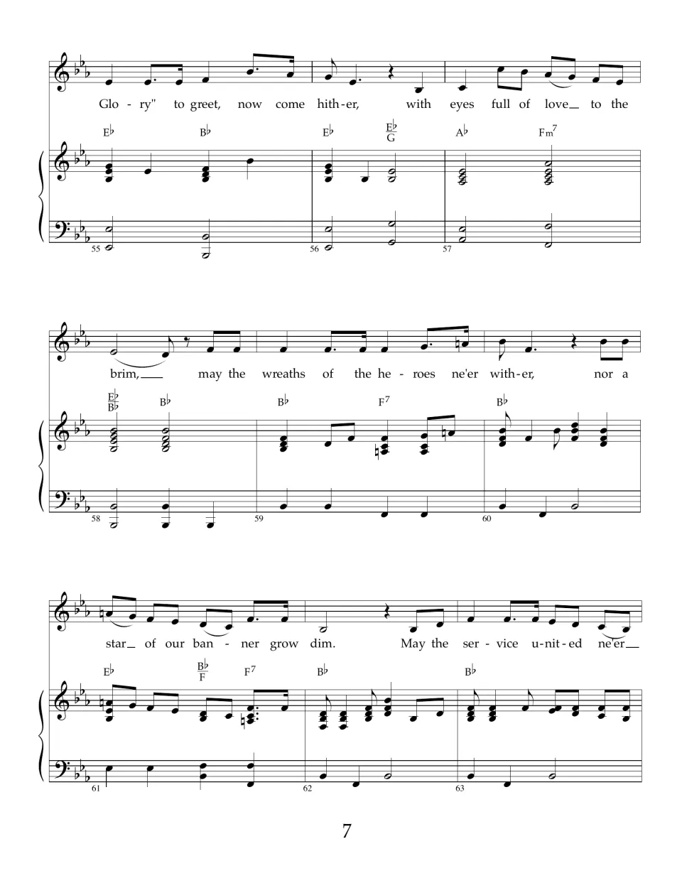 Final verse in E-flat, measures 55-63: lyrics 'Old Glory to greet, now come hither' through 'May the service united ne'er'