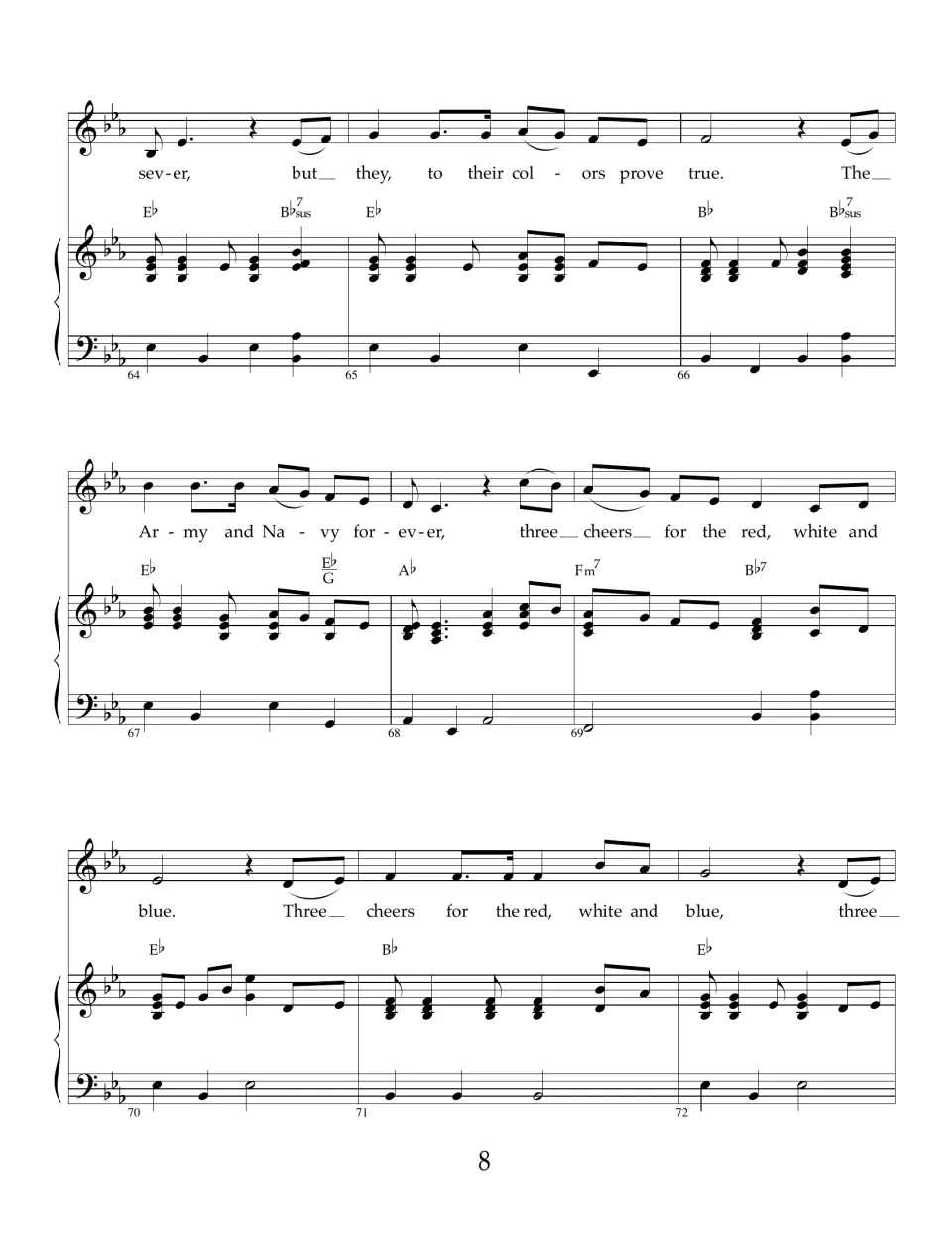 Measures 64-72 in E-flat: 'but they, to their colors prove true', then 'The Army and Navy forever, three cheers' refrain