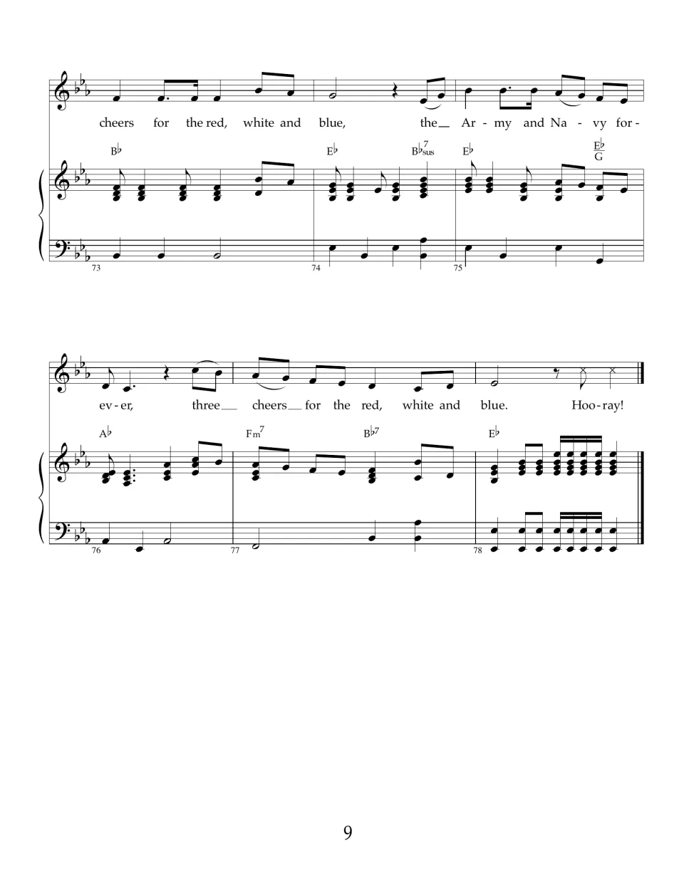 Ending, measures 73-78: last 'three cheers for the red, white and blue' with a shouted 'Hooray!' and closing piano chords