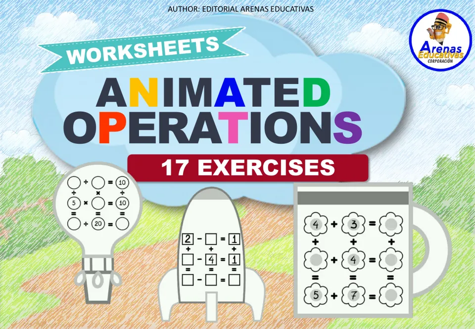 Cover of Animated Operations, labeled '17 Exercises,' showing examples of missing-number math puzzles