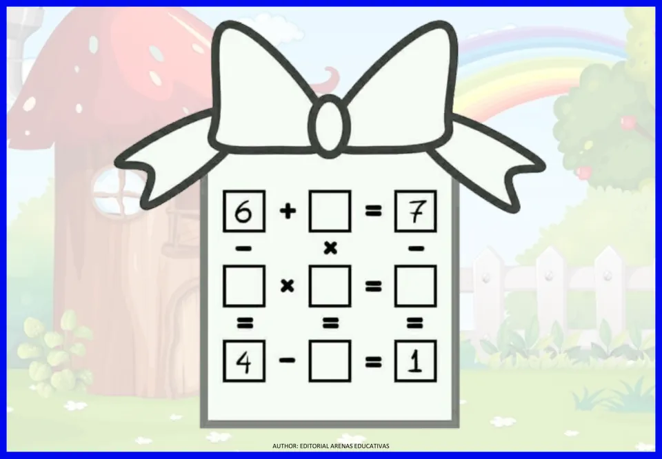 Arithmetic exercise 4: missing numbers in addition, subtraction, and multiplication, with 6 + blank = 7