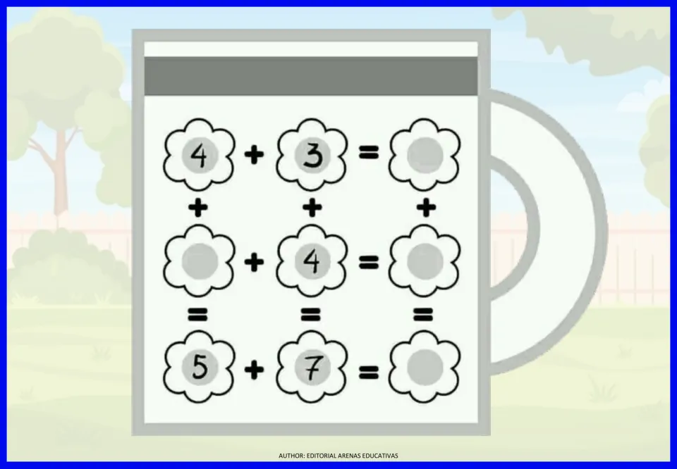 Arithmetic exercise 5: missing-number addition equations, including 4 + 3 = blank and 5 + 7 = blank