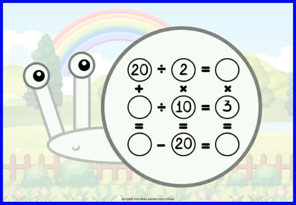 Arithmetic exercise 7: missing numbers using all four operations, including 20 ÷ 2 = blank and blank ÷ 10 = 3