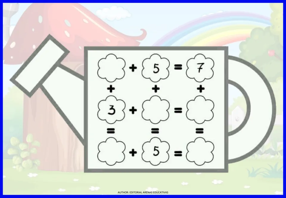 Arithmetic exercise 9: missing-number addition equations, including blank + 5 = 7 and 3 + blank = blank