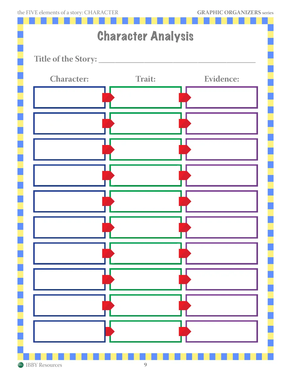 Character Analysis: students give the story title, then match each character to a trait and a page reference as evidence