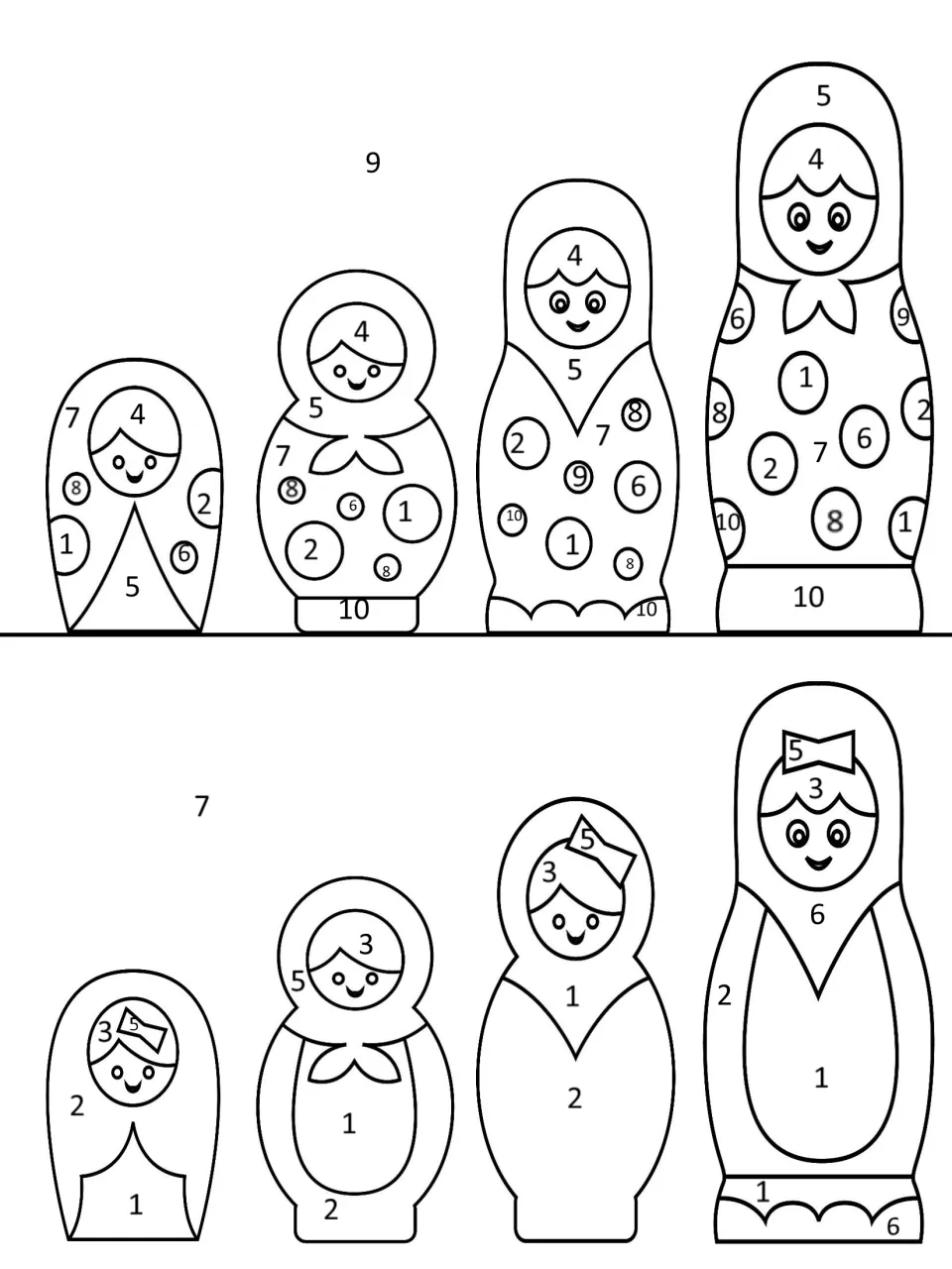 Nesting doll coloring: students color eight dolls, matching each numbered section 1-10 to its answer color