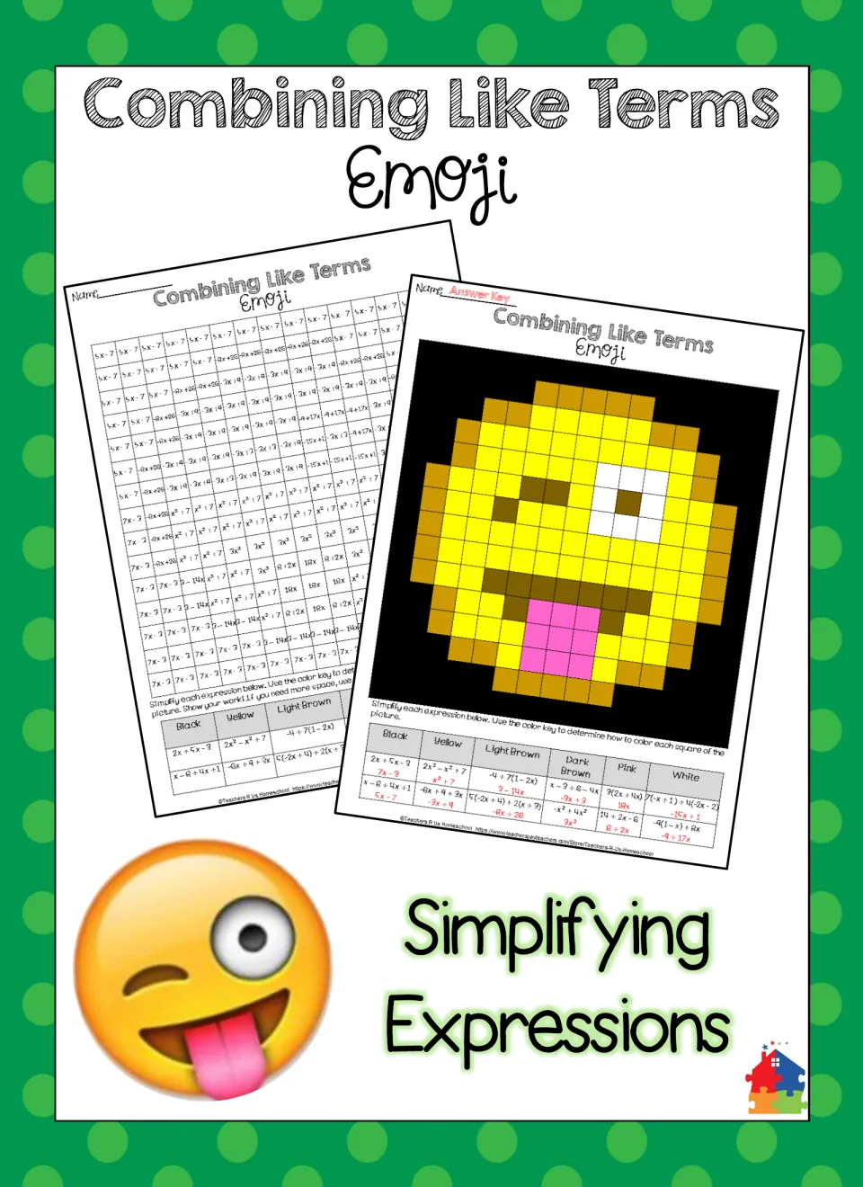 Combining Like Terms Emoji cover: simplifying expressions color-by-answer sheet and answer key showing a winking emoji