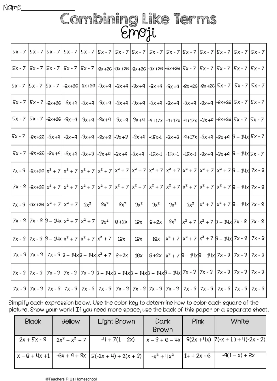Like-terms practice: students simplify 12 expressions, then color each square by its answer to reveal a hidden picture