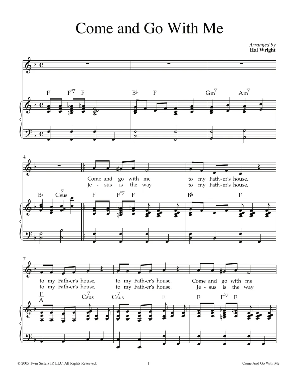 Come and Go With Me, bars 1-9: vocal melody with two lyric lines over piano chords in F major, arranged by Hal Wright