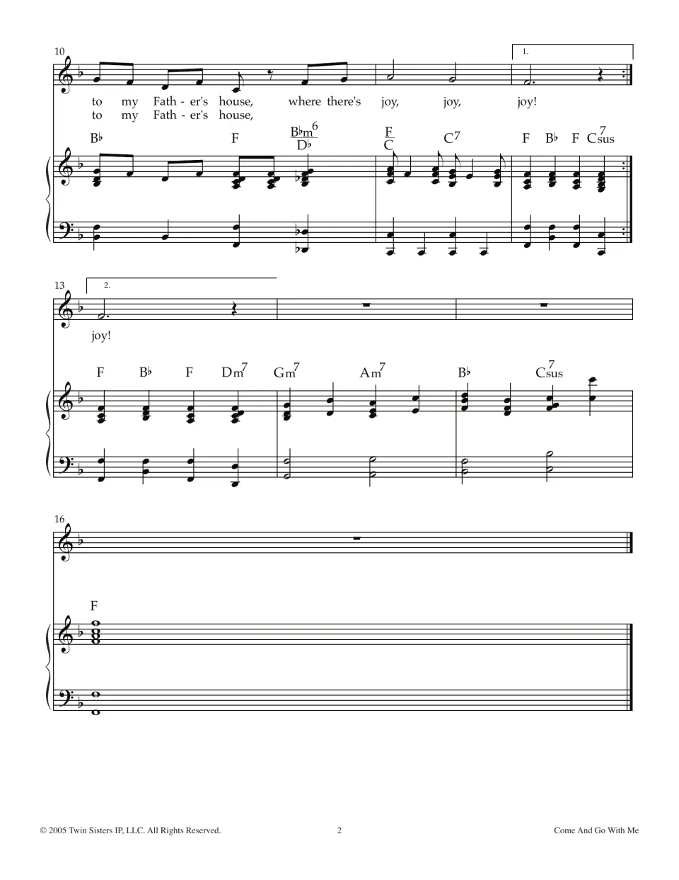 Song ending, bars 10-16: lyric 'where there's joy, joy, joy!' with first and second endings, piano outro and final F chord