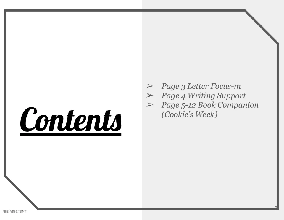 Contents lists letter focus m on page 3, writing support on page 4, and a book companion on pages 5–12