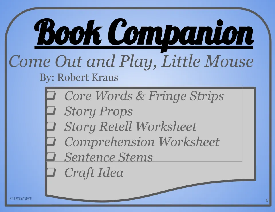 Book companion overview lists vocabulary strips, story props, retelling, comprehension, sentence stems, and a craft