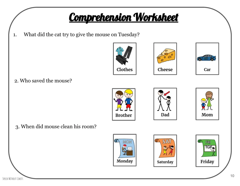 Comprehension worksheet asks about the cat's Tuesday offer, who saved the mouse, and when he cleaned his room