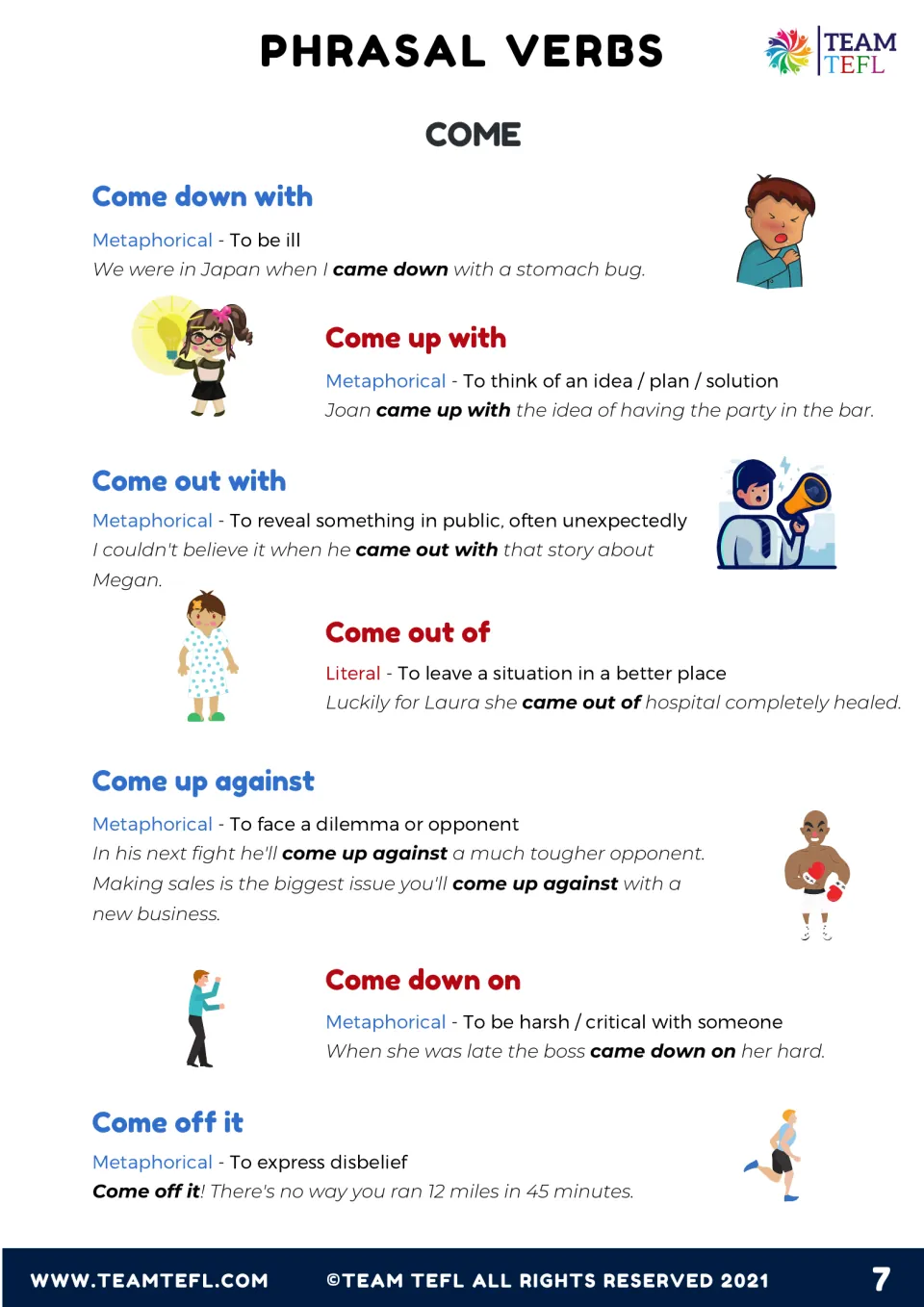 Three-part verbs such as come down with, up with and off it, each given a meaning and a sample sentence