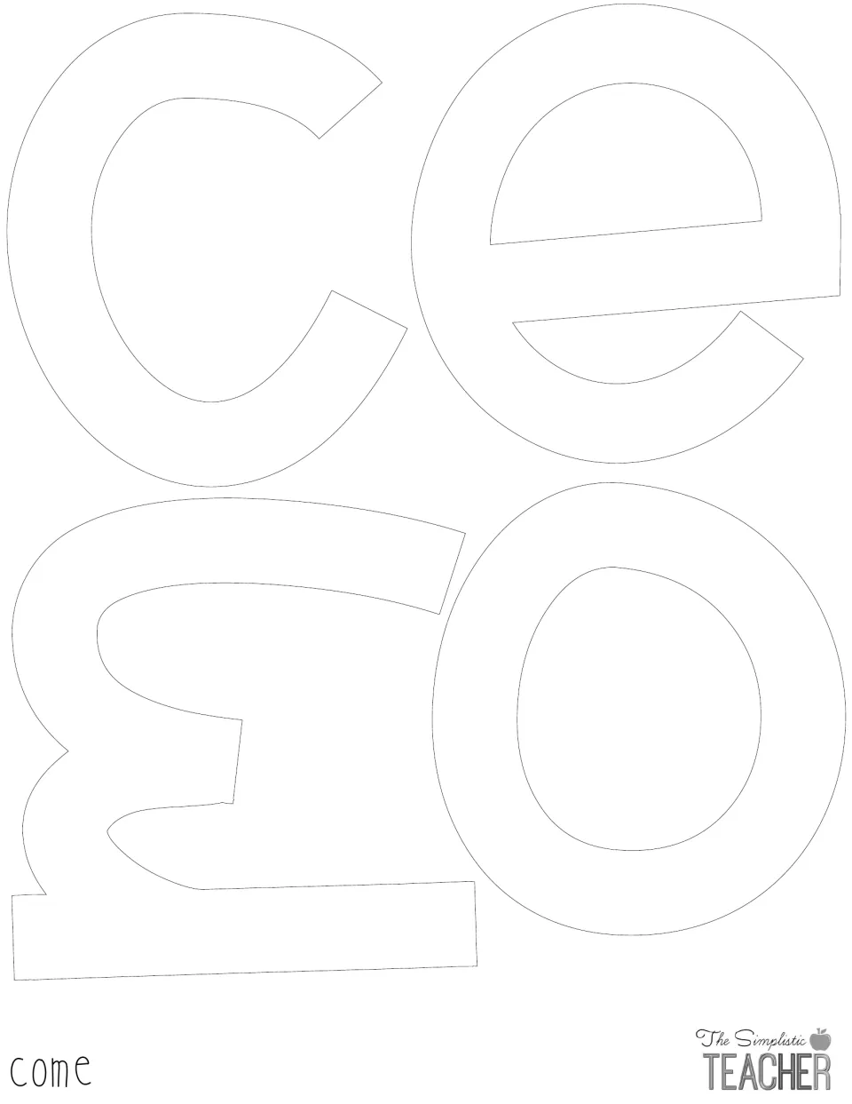 Outline letters c, o, m and e that spell the word "come" for the Halloween door display, ready to print on colored paper