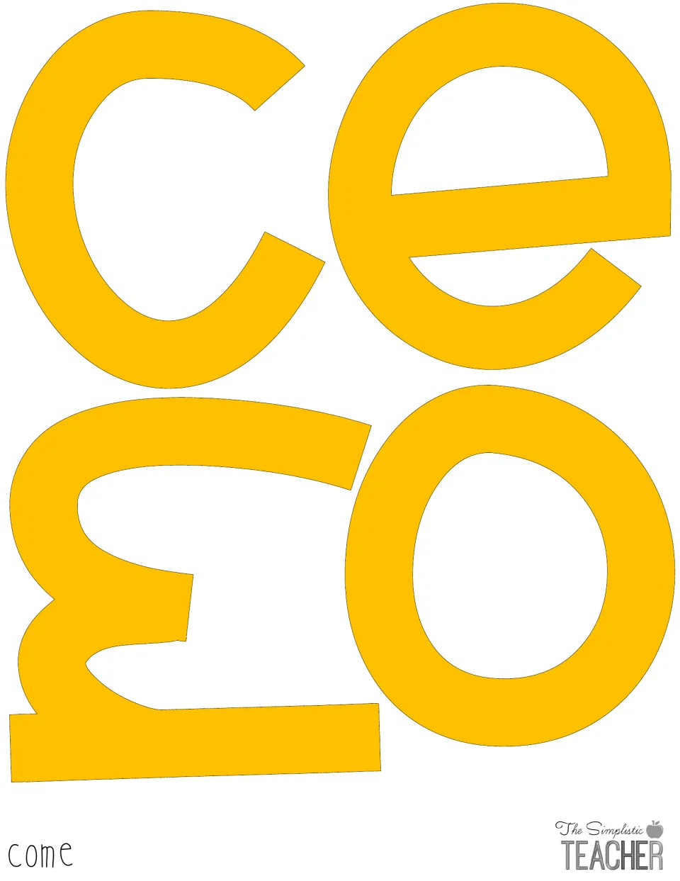 Solid yellow-orange cut-out letters c, o, m and e spelling "come" for the opening word of the Halloween door headline