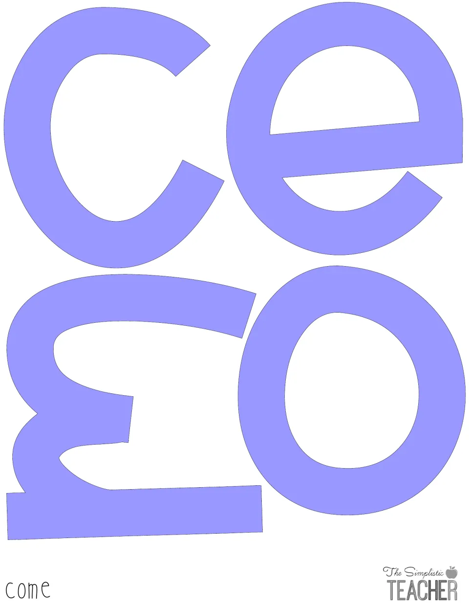 Solid lavender cut-out letters c, o, m and e spelling "come", a purple color option for the Halloween headline