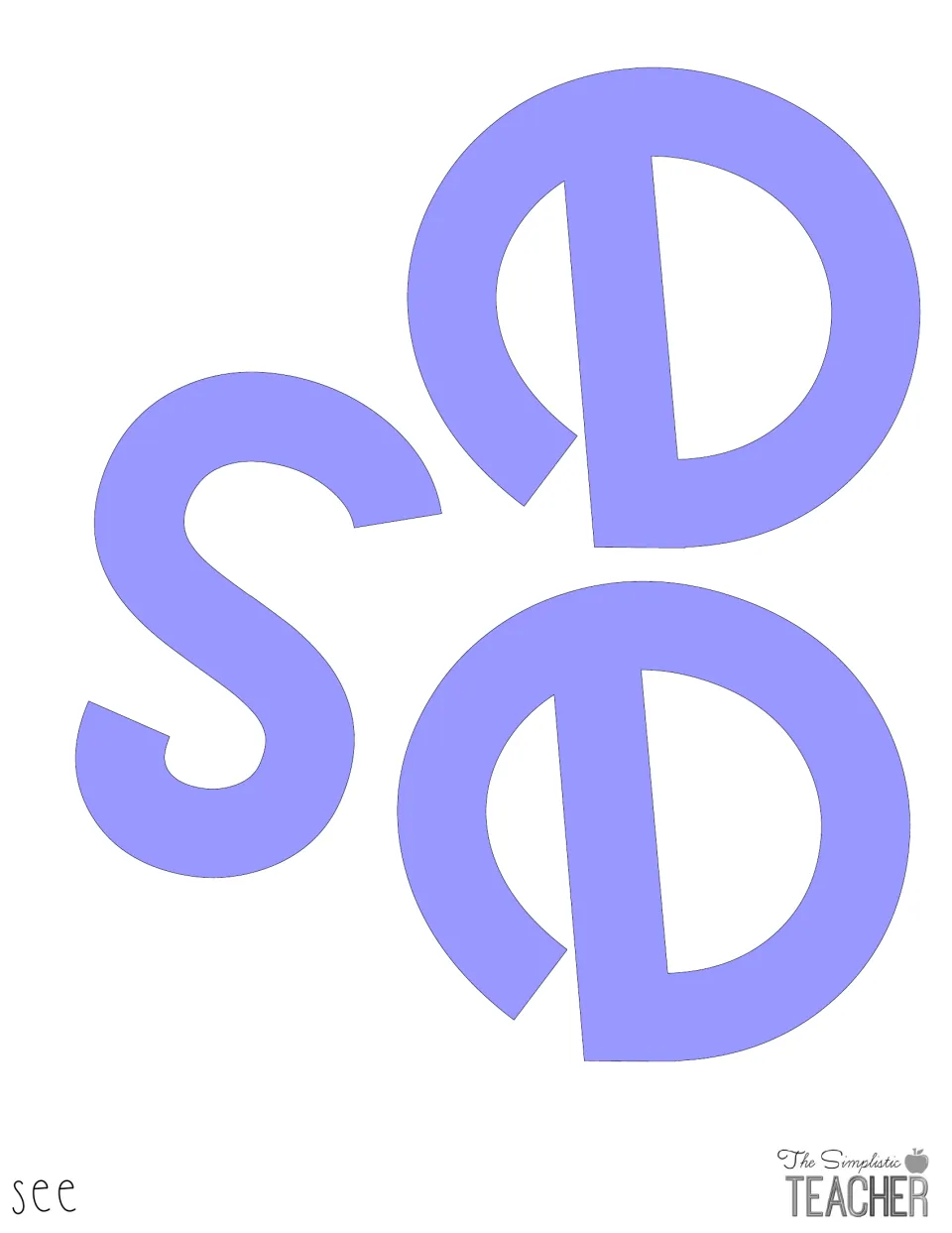 Solid lavender cut-out letters s, e and e spelling "see" for the second word of the Halloween bulletin board