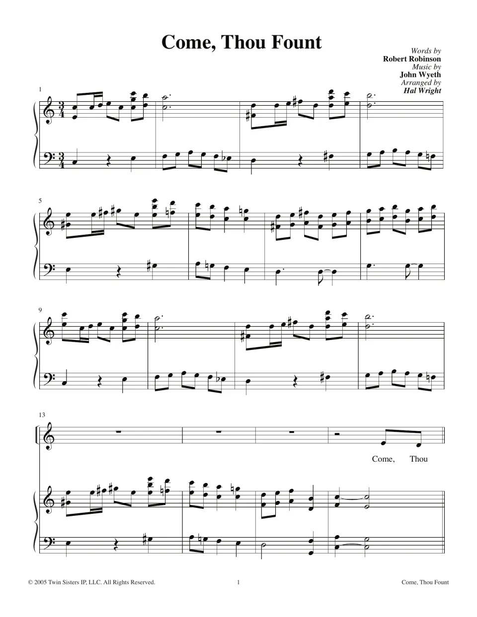 Come, Thou Fount piano score opening: 3/4 introduction in C, bars 1-16, with the vocal line entering in bar 16