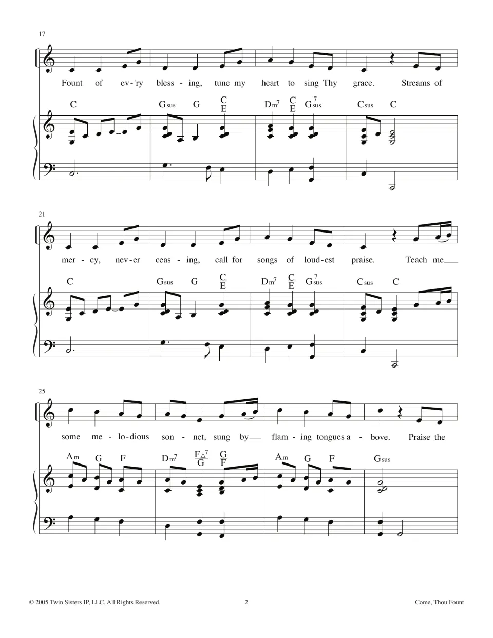 Hymn verse one, bars 17-28: vocal melody with lyrics "Fount of ev'ry blessing" to "Praise the", chord symbols and piano