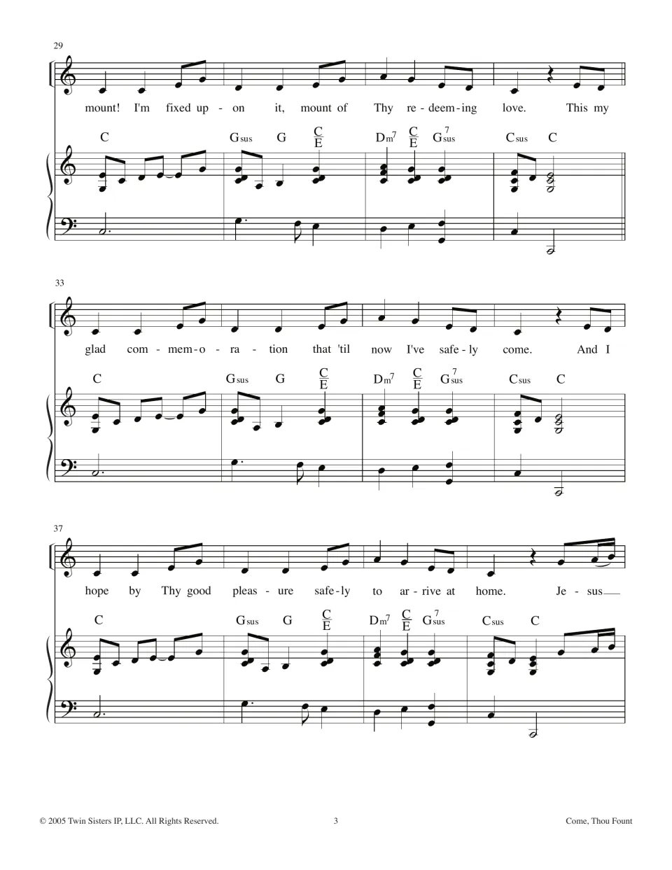 Hymn bars 29-40: melody and lyrics from "mount! I'm fixed upon it" to "Jesus" with C, G and Dm7 chord symbols