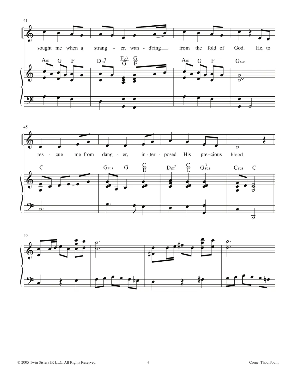 Hymn bars 41-52: verse ends with "interposed His precious blood", then a piano-only interlude returns to the opening theme