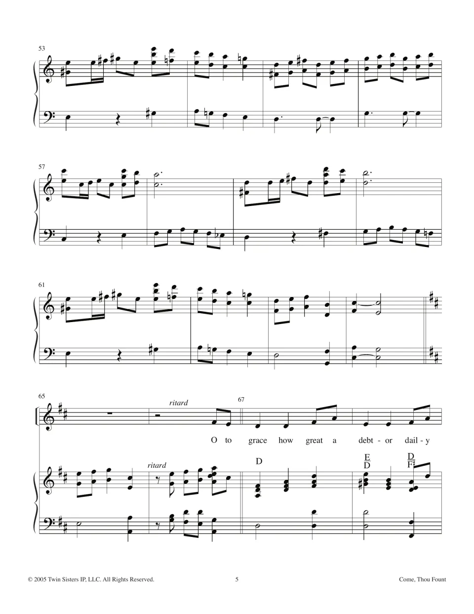 Piano interlude, bars 53-68: ritard, key change to D major, and a new verse begins "O to grace how great a debtor"