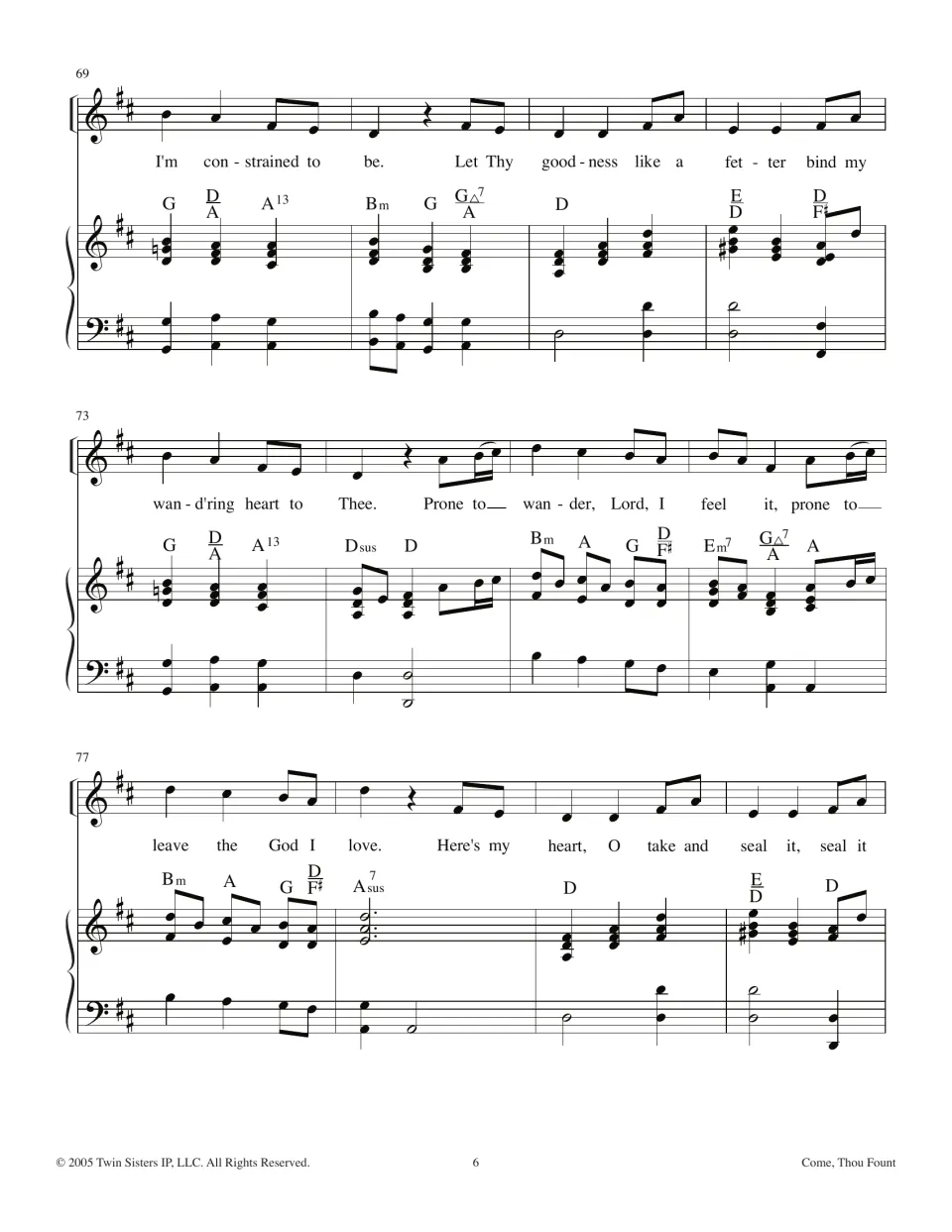 Final verse in D major, bars 69-80: lyrics "Let Thy goodness like a fetter" through "Here's my heart, O take and seal it"