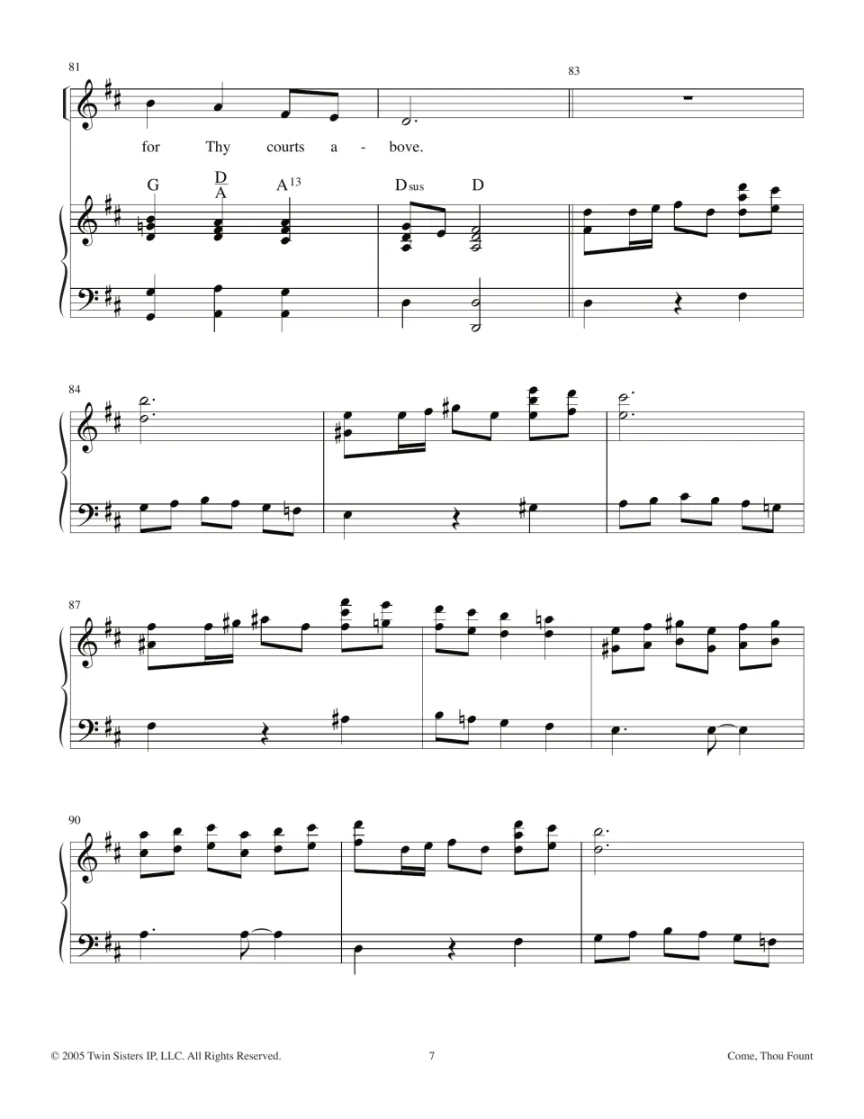 Hymn bars 81-92: the vocal line ends on "for Thy courts above" and a piano-only postlude in D major begins at bar 83