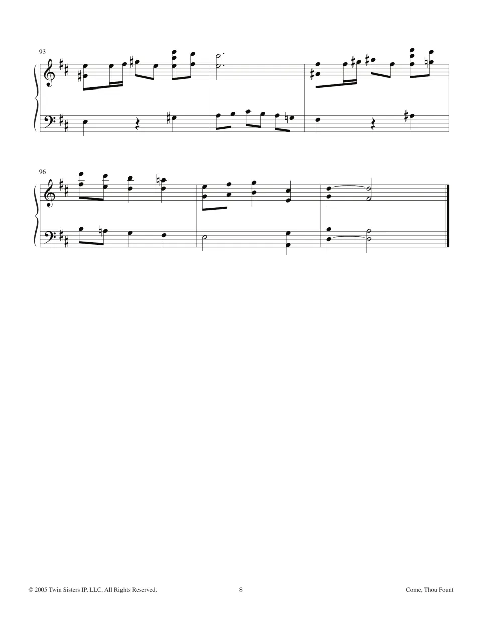 Final piano postlude, bars 93-98, in D major closing on a tied D chord and final double bar of the arrangement