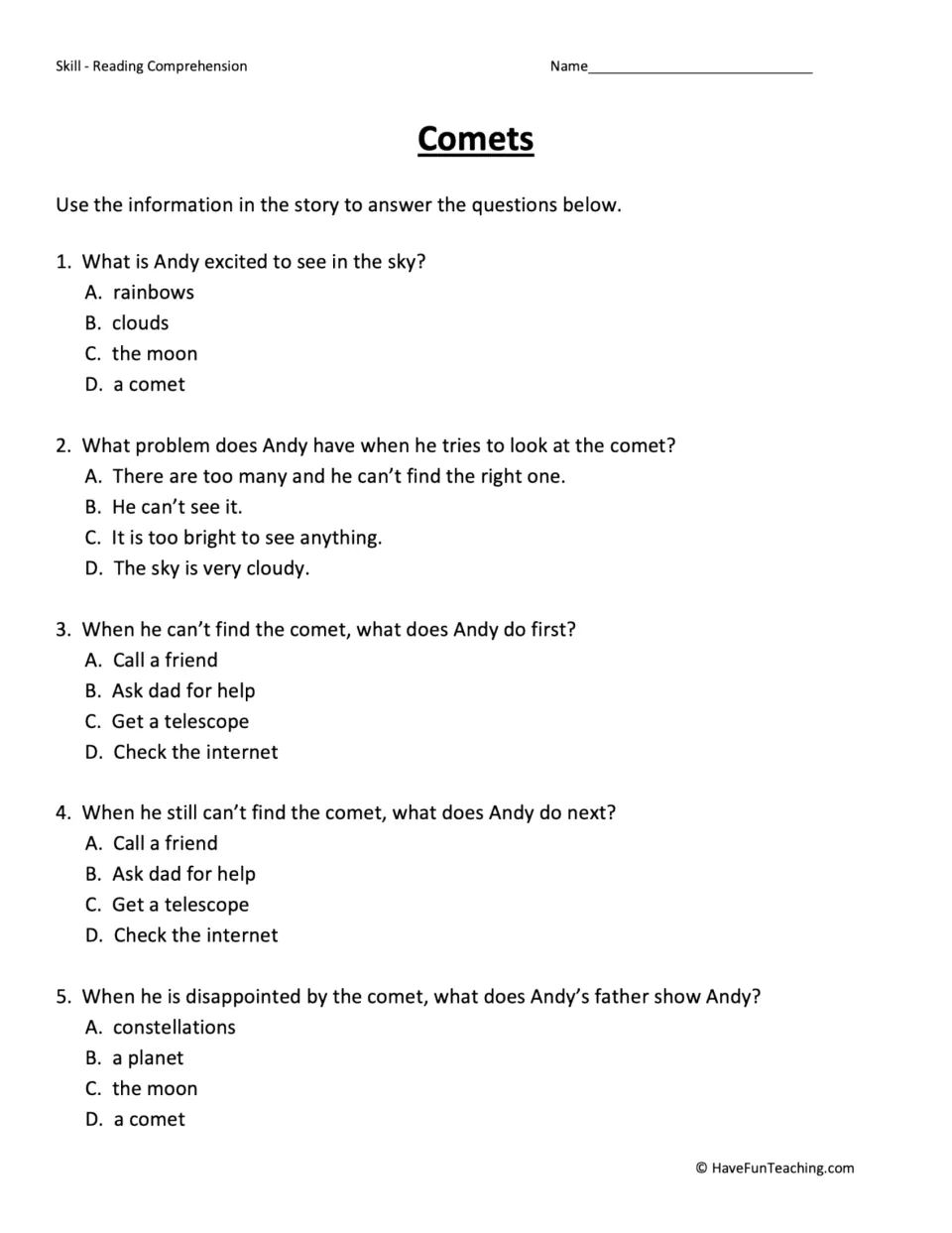 Five multiple-choice questions about Andy's comet search, who helps him, and what his father shows him.