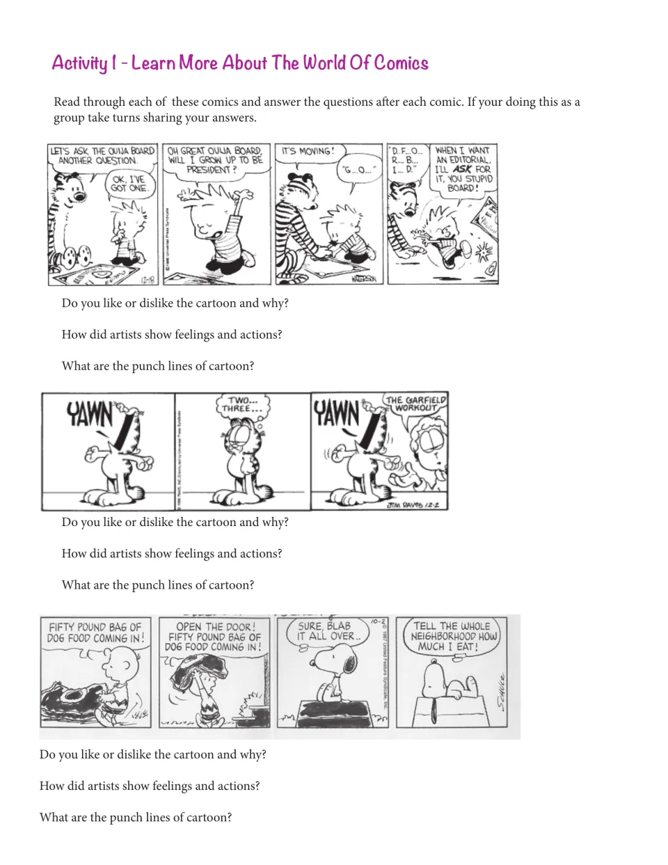 Learning about comics: students read three classic strips and answer questions on feelings, actions and punch lines