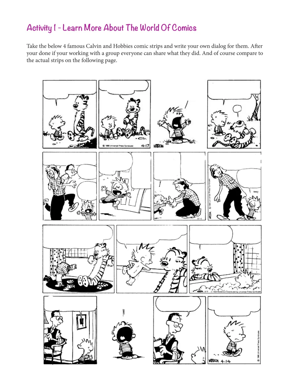 Calvin and Hobbes strips with empty speech bubbles: students write their own dialogue for four strips, then share
