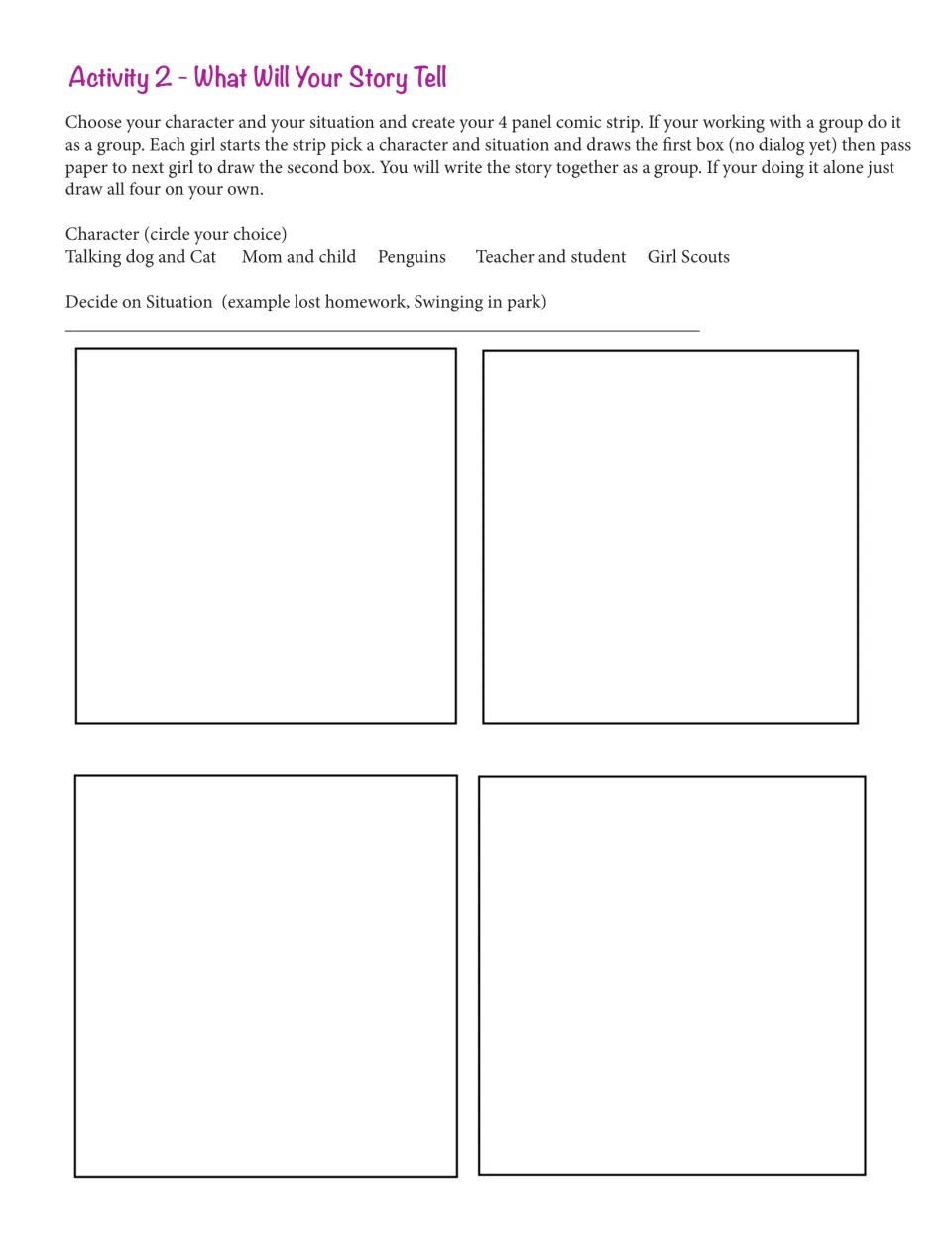 Planning a story: students circle a character pair, decide on a situation and draw a four-panel comic strip