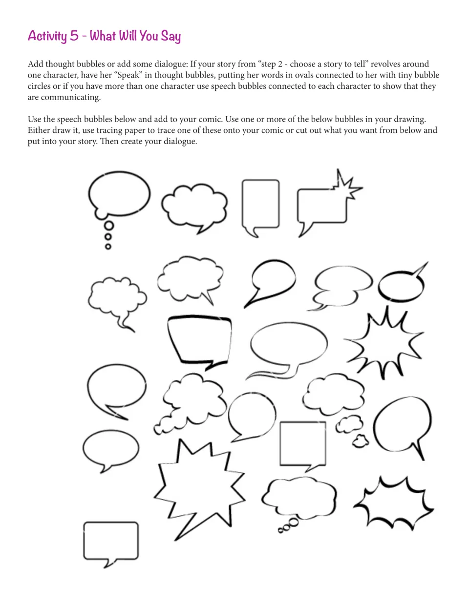 What Will You Say: speech and thought bubble shapes to trace or cut out, with tips on adding dialogue to a comic