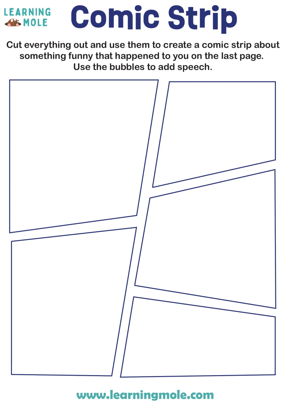 Comic Strip directions: students cut out five blank panels to retell something funny that happened to them, adding speech