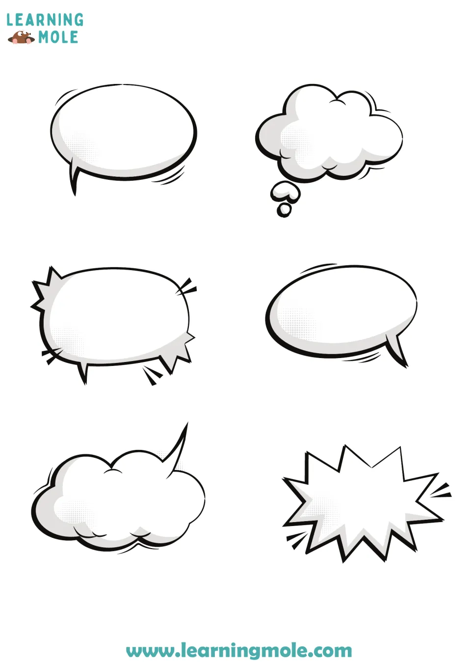 Cut-out speech bubbles: two oval, a thought cloud, a cloud, a spiky shout and a starburst for students to write dialogue in