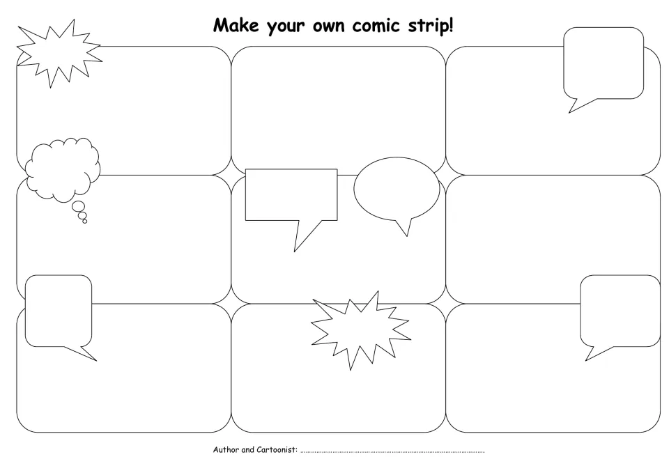 Make your own comic strip: students draw a story in nine panels, writing dialogue in speech, thought and shout bubbles