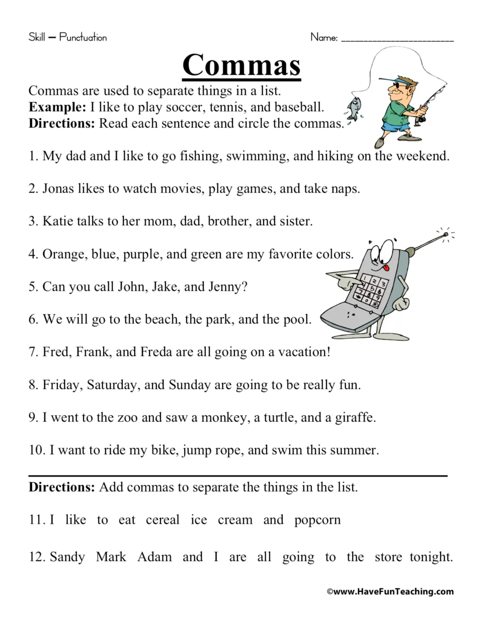 Commas in a list: students circle the commas in 10 sentences, then add missing commas to separate items in 2 more
