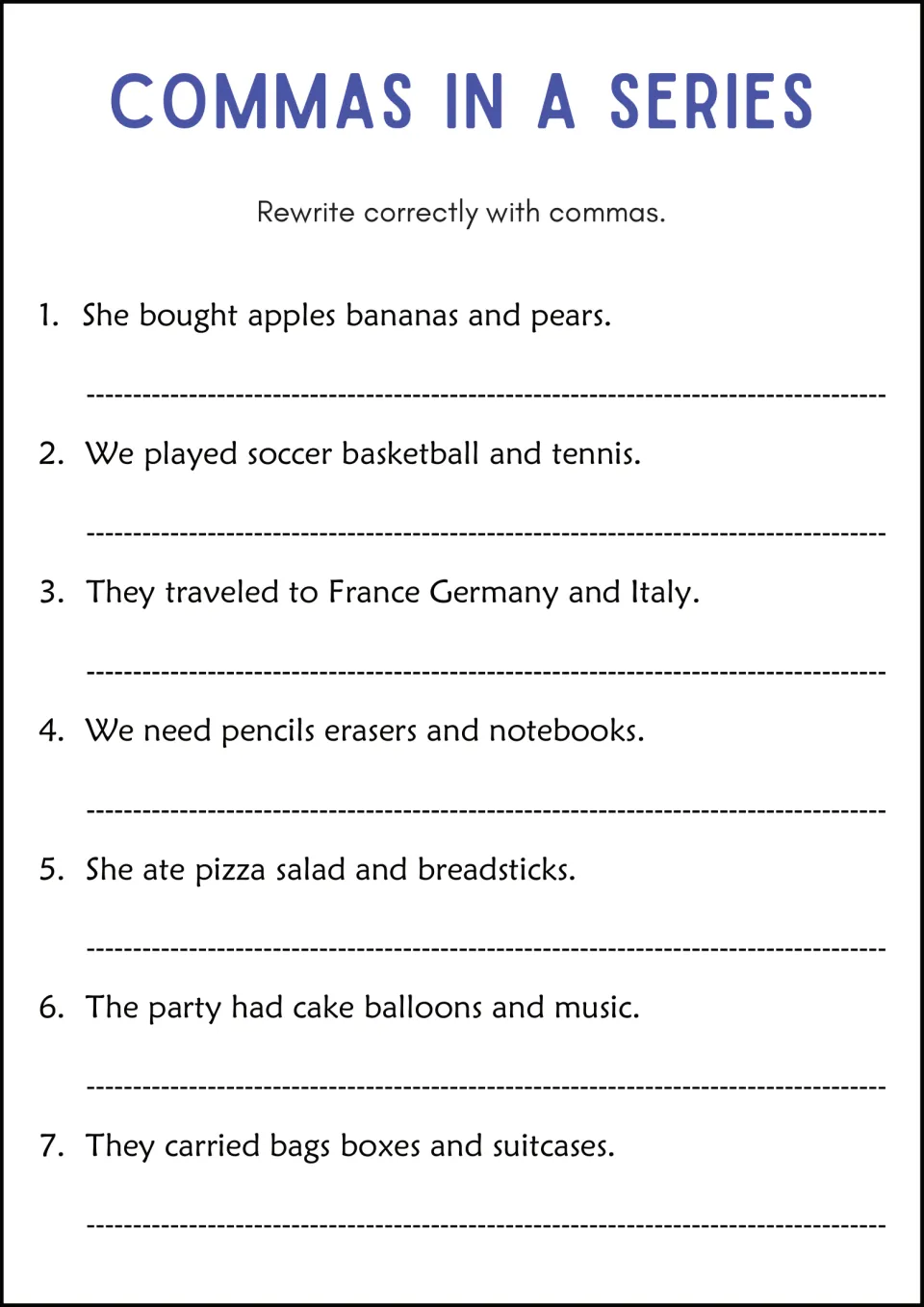 Mixed review rewrite: students copy 7 sentences on fruit, sports, countries and party items, adding commas where needed
